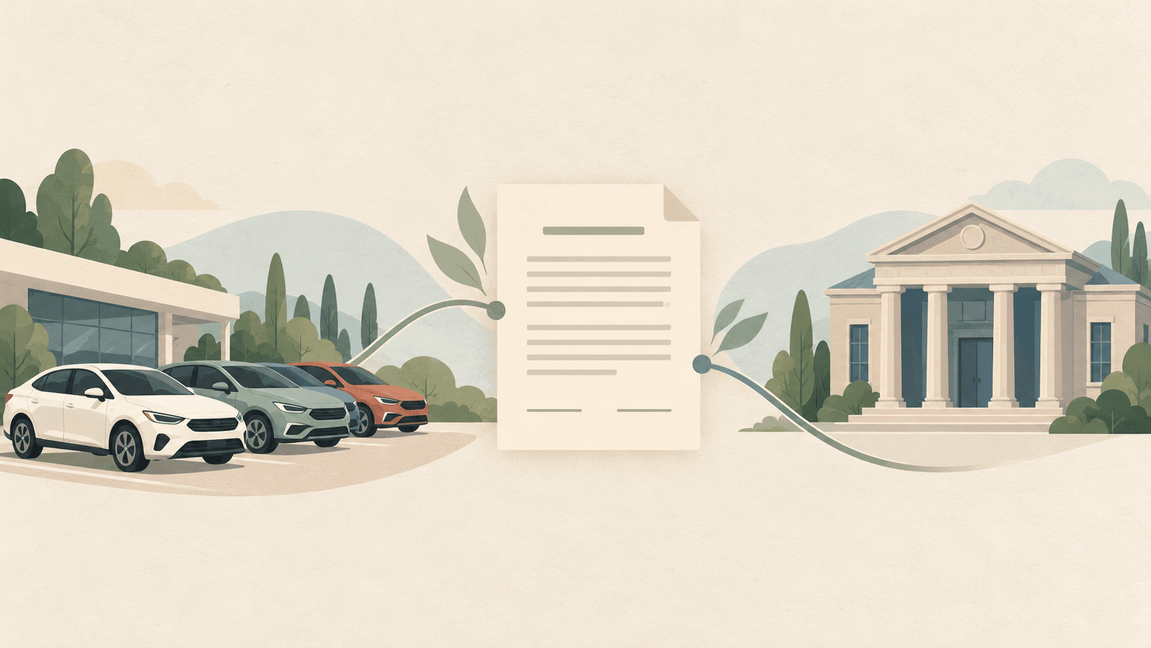 Conceptual illustration of rental cars and a generic bank linked by an agreement on cream; not actual company assets.