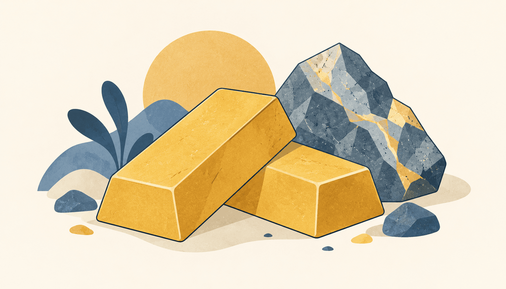 Ilustrasi 2D emas batangan dan batu mineral di atas latar krem terang.