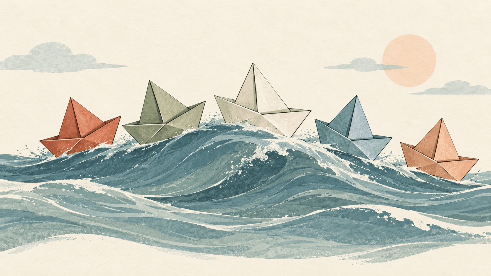 Editorial illustration of different paper boats riding the same wave, representing shared market exposure.