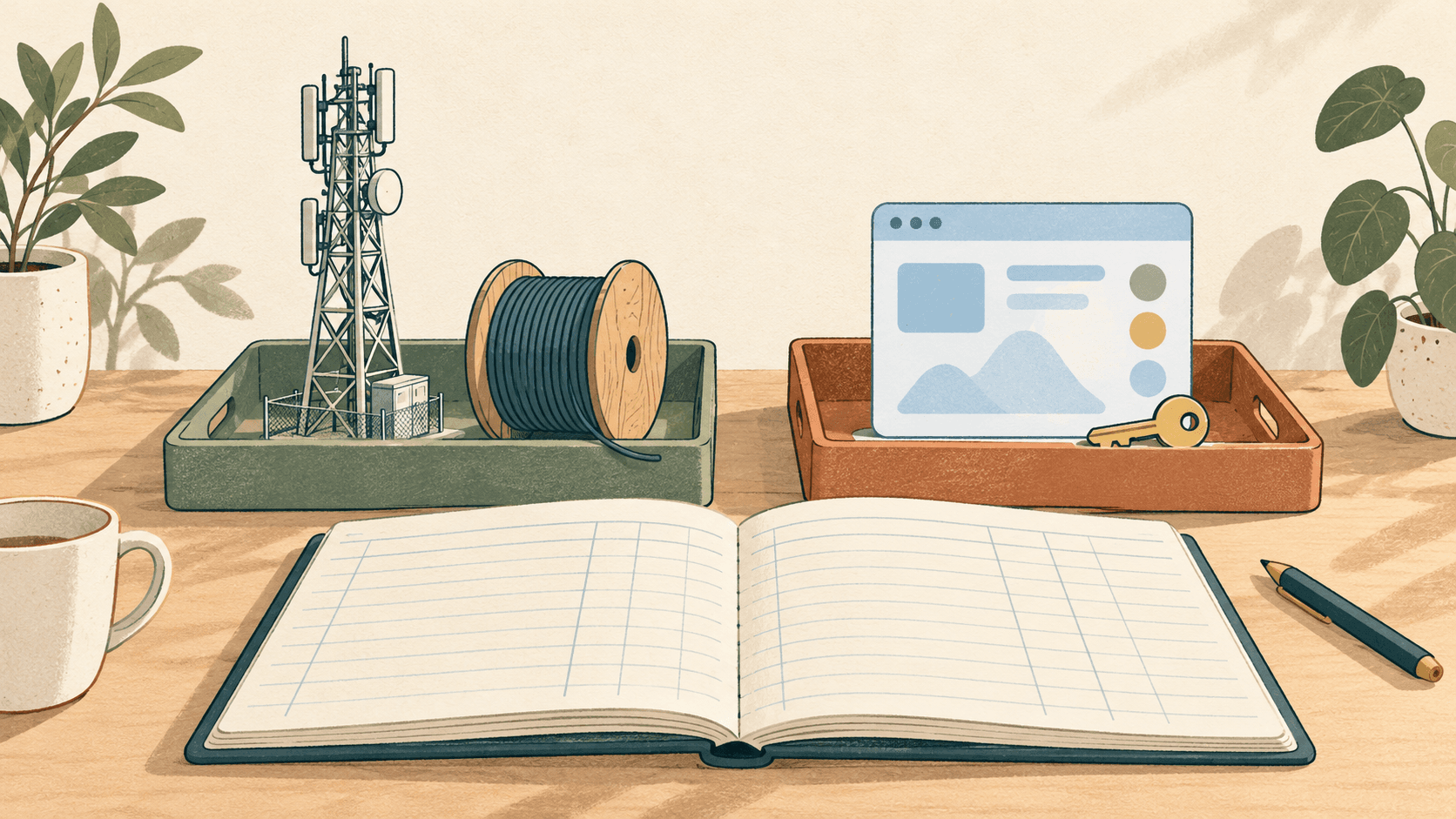 Conceptual illustration of a telecom mast and cable reel in one tray, and a software card and key in another, beside an open ledger.