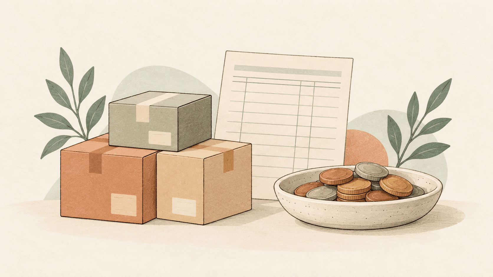 Editorial illustration of inventory boxes beside a tray of coins and a blank ledger on a cream background.