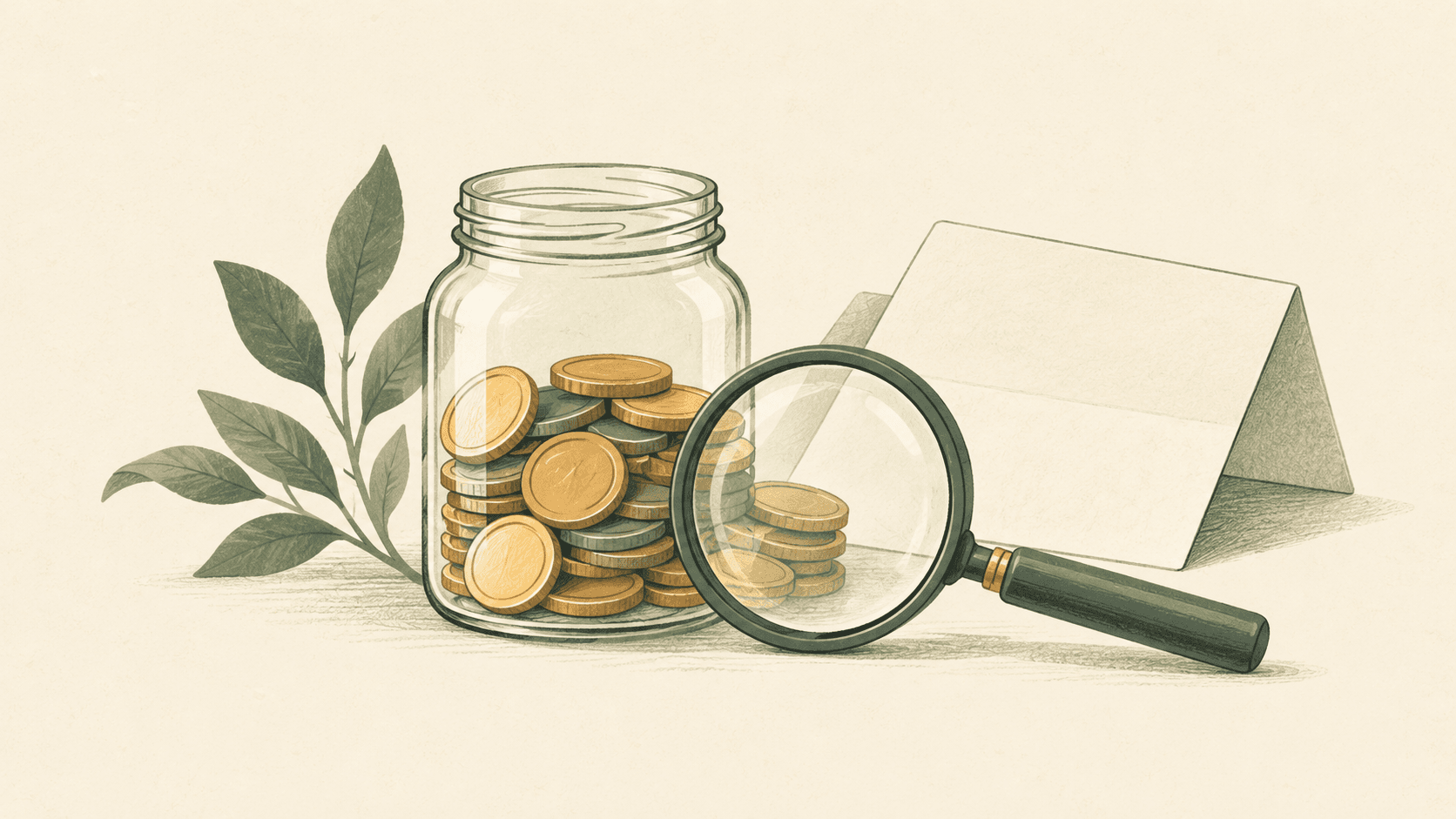 Editorial illustration of a magnifying glass inspecting a jar of coins beside an unmarked document.