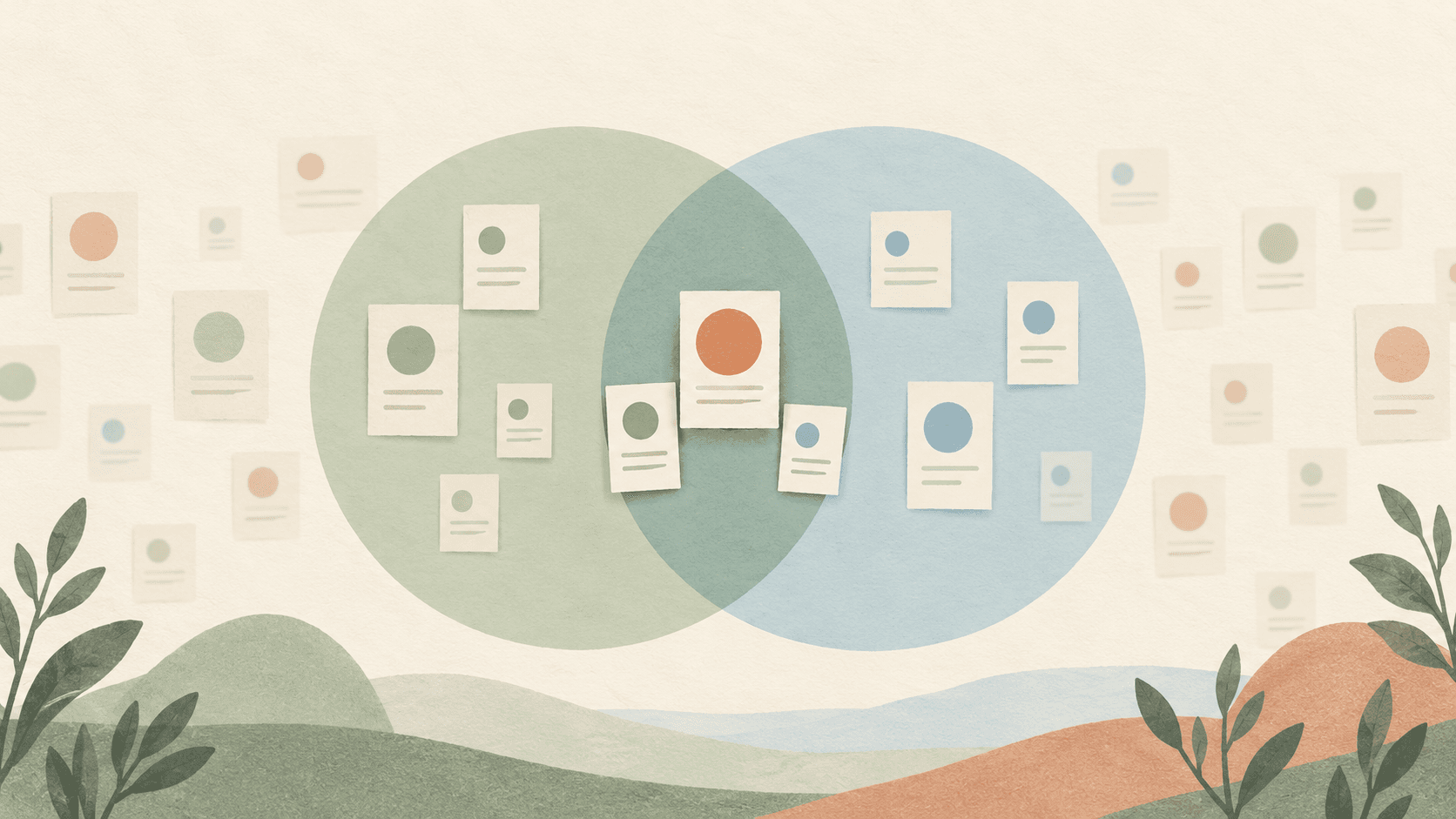 Conceptual 2D illustration of overlapping selection circles and research cards on cream paper