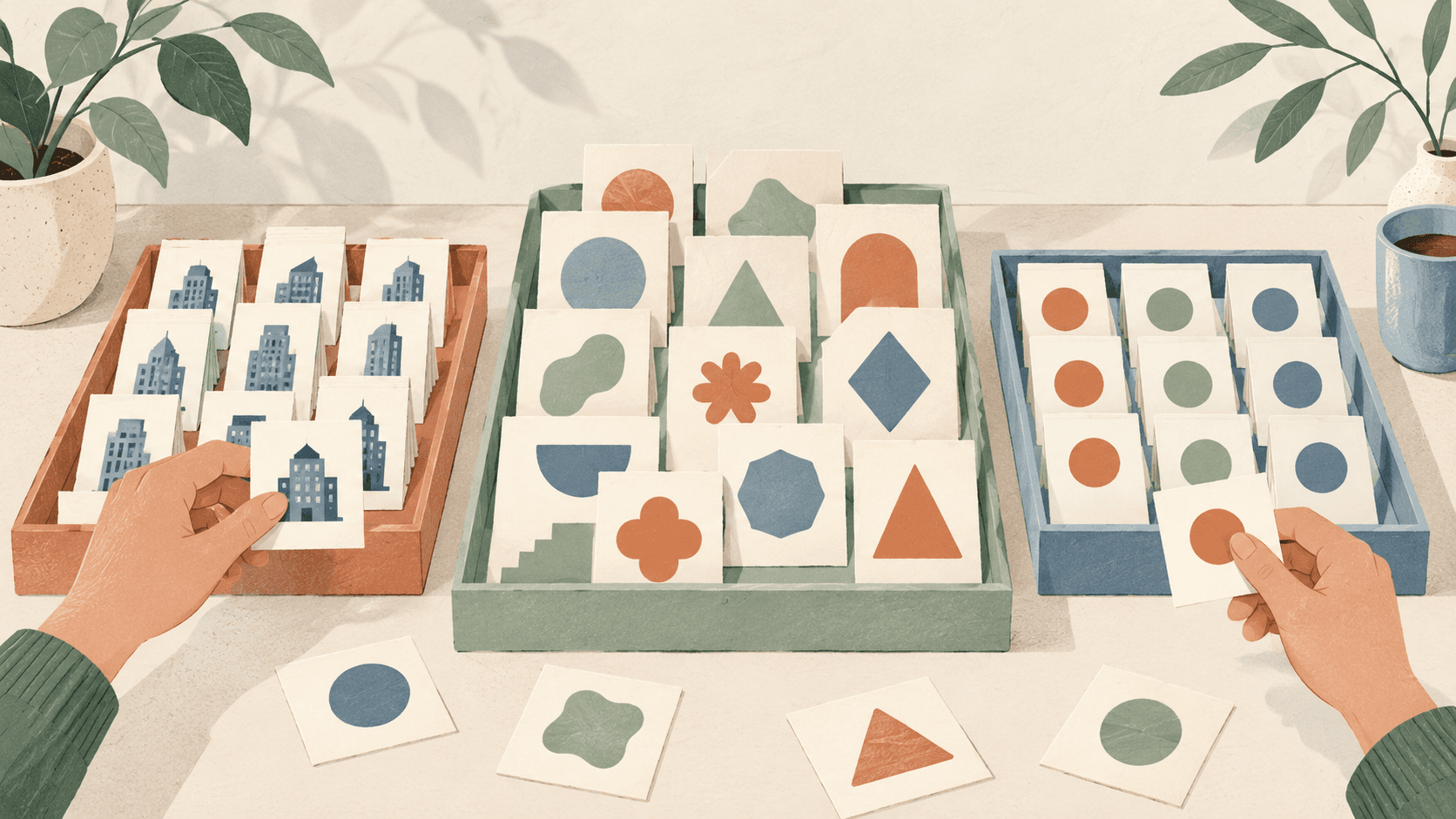 Editorial illustration of three trays sorting cards by buildings, shapes and colored dots.